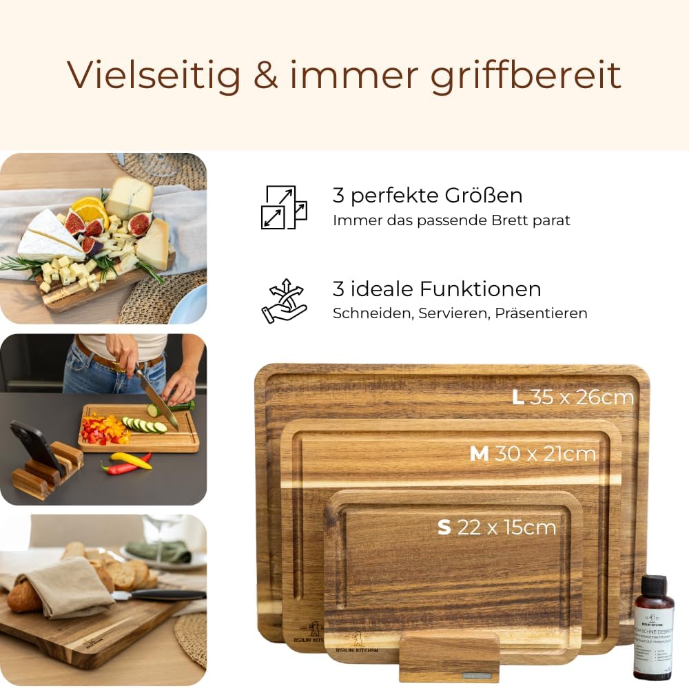 Cut’n Cook Moments Schneidebrett 3er Set | Akazienholz | GRATIS Pflegeöl & Brettständer | Saftrille