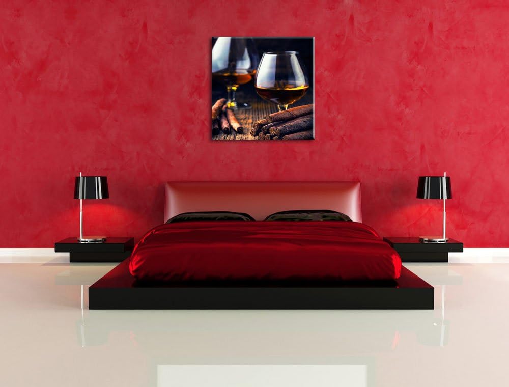 Pixxprint Whisky mit Zigarre als Leinwandbild/Grösse: 70x70 cm/Wandbild/Kunstdruck/fertig bespannt,