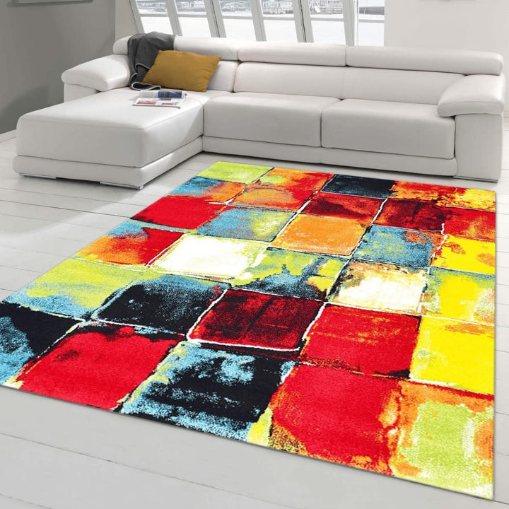 Teppich-Traum Moderner Designer Kurzflor Wohnzimmteppich • Bunte Vierecke in blau gelb, Grösse 160x2