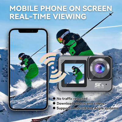Xilecam Dual Screen Action Cam 5K 2,2Zoll Hoher Definition Touchscreen Unterwasserkamera WiFi /2.4G