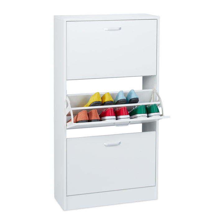 Relaxdays Schuhschrank, HxBxT: 113 x 60 x 24 cm, für 18 Paar, 3 Klappen, schmaler Schuhkipper, Flur