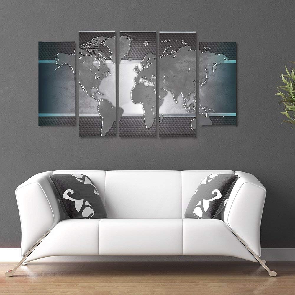 Feeby Frames, Leinwandbild Bilder Wand Bild - 5 Teile - Wandbilder Kunstdruck (WELTKARTE, GRAU) 150x