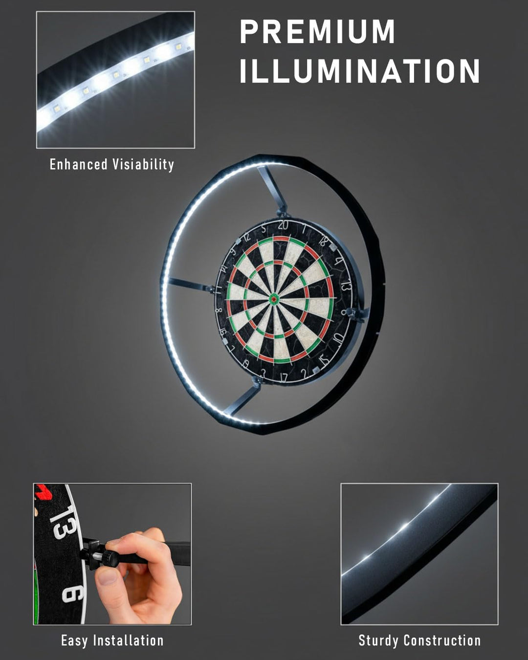 Dartscheibe Beleuchtung– Ultrahell 360° LED Lichtring für Sisal Dartboard – Schattenloser Runddesign