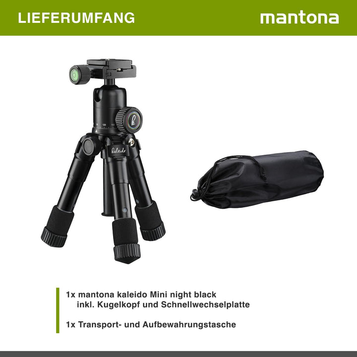 Mantona kaleido mini Foto-/Tisch- und Travelstativ (inkl. Kugelkopf mit Schnellwechselplatte und Tra
