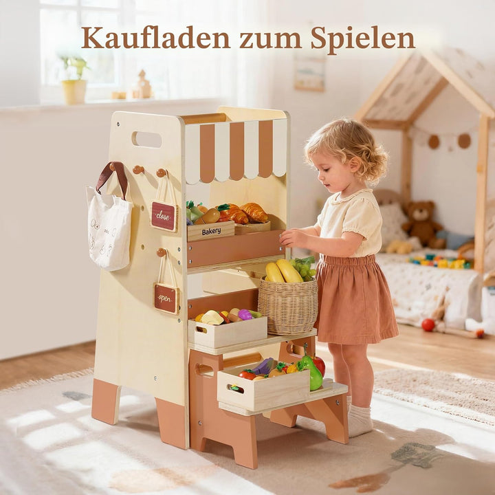 ROBUD Lernturm für Kleinkinder mit abnehmbarem Tritthocker, 2-in-1 Lernturm aus Holz mit Tafel, 3-fa