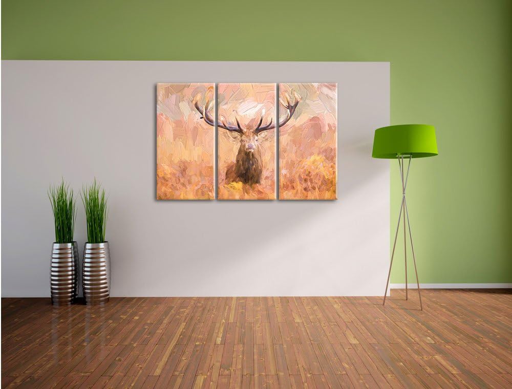 Pixxprint Grosser Hirsch im Feld Kunst als Leinwandbild/Grösse: 3 Teilig (120x80 cm) cm/Wandbild/Kun