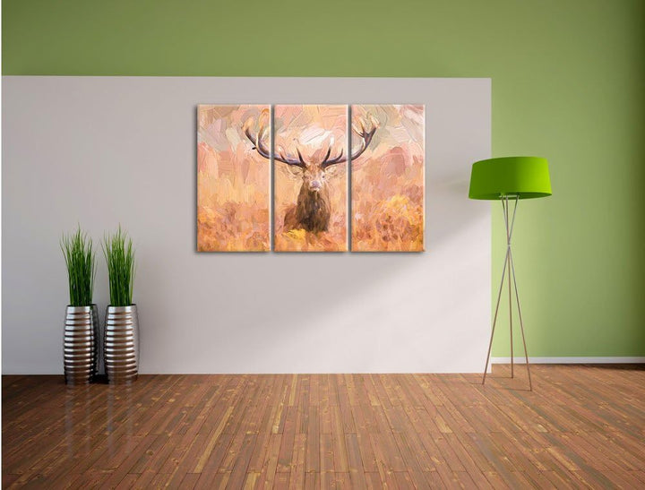 Pixxprint Grosser Hirsch im Feld Kunst als Leinwandbild/Grösse: 3 Teilig (120x80 cm) cm/Wandbild/Kun