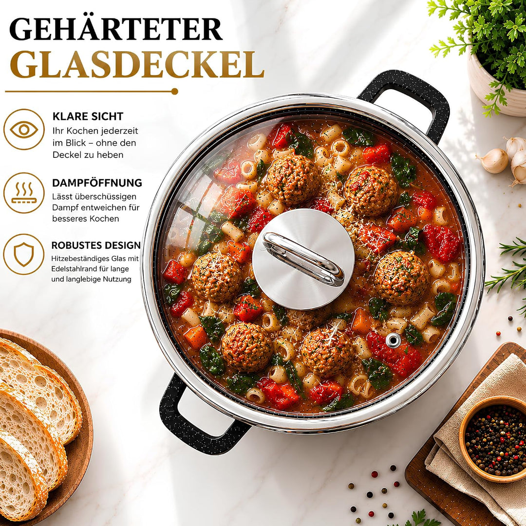 GOLDMANN 24 CM Aluguss-Kochtopf/Suppentopf (6.2L) mit Glasdeckel, Marmor-Keramik-Antihaftbeschichtun
