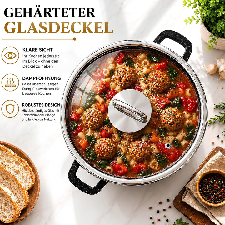 GOLDMANN 24 CM Aluguss-Kochtopf/Suppentopf (6.2L) mit Glasdeckel, Marmor-Keramik-Antihaftbeschichtun