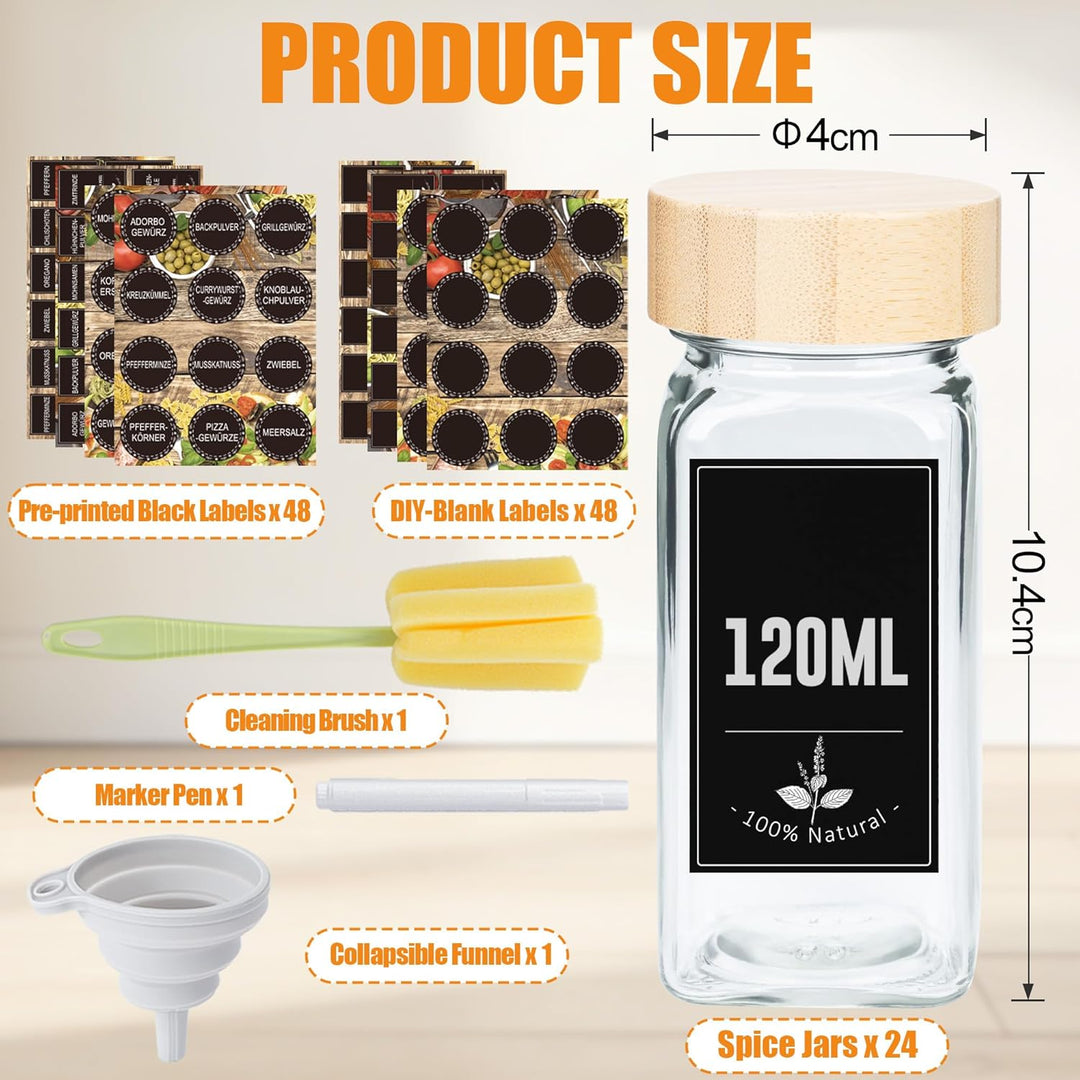 Verdego Gewürzgläser Eckig (24x 120ml), Gewürzdosen mit Holzdeckel, Trichter, Etiketten und Stift, G