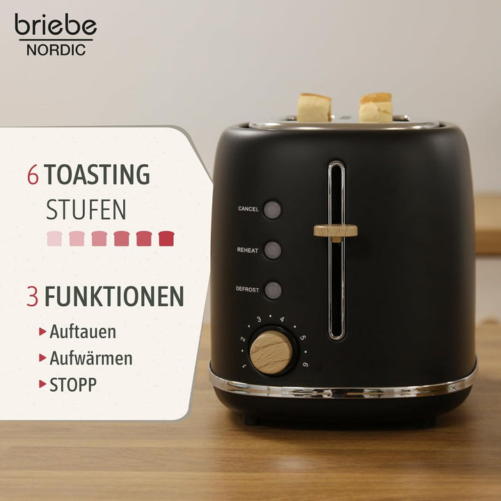 briebe Nordic Set Toaster 2 Scheiben Breite Schlitze mit Brötchenaufsatz, 6 Toast Stufen + Wasserkoc