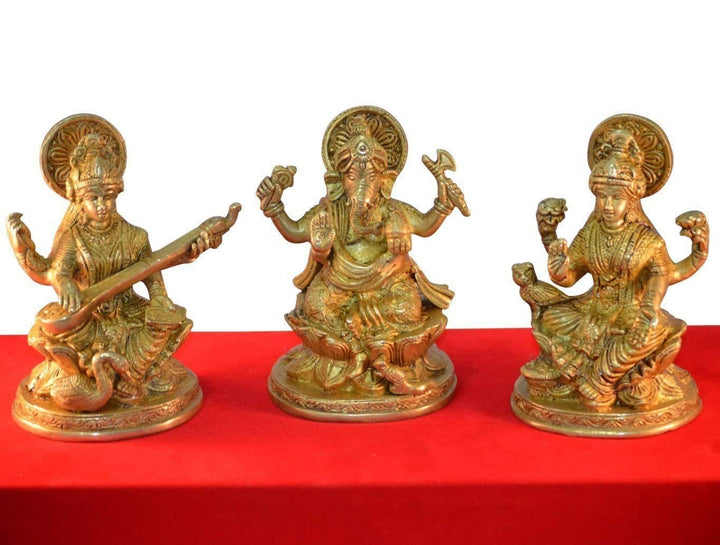 Ganesha Lakshmi Saraswati Set von drei Statuen aus Messing Skulpturen der Hindu Gott je Höhe 12,7 cm