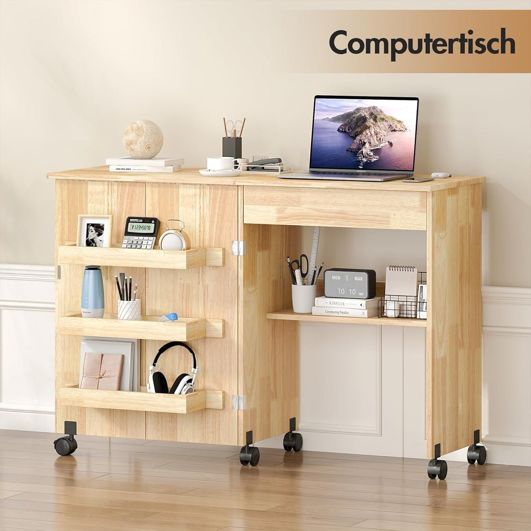 Nähtisch Klappbar, 2-in-1 Nähmaschinentisch, Nähmaschinenschrank mit Offenen Ablagefächern und Rolle