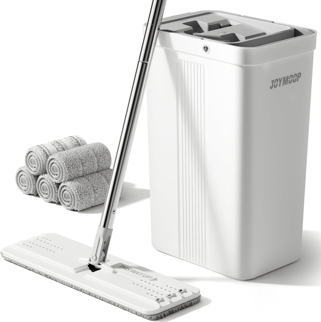 JOYMOOP Wischmopp und Eimer mit Auswringer-Set, Flacher Bodenwischer und Eimer, Mopp für die Bodenre