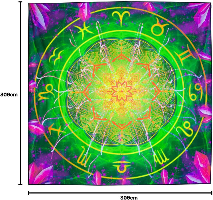 PSYWORK Schwarzlicht Stoffposter Neon | Zodiac Signs Green | 3 x 3m | UV-aktiv | fluoreszierend | Wa