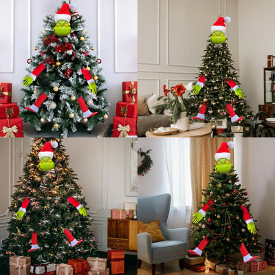 Grinch Weihnachtsbaumschmuck für Weihnachtsbäume unter 1.5m, Abnehmbarer Elfenkopf, Arme und Beine m