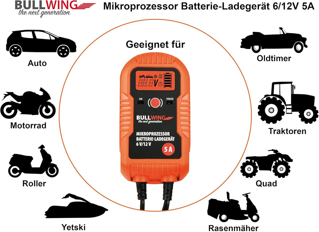 Bullwing Batterieladegerät KFZ Auto Motorrad Mikroprozessor 6/12V 4A Vollautomatisches Batterie Lade