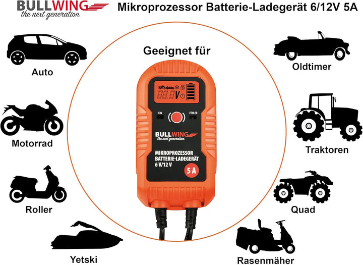 Bullwing Batterieladegerät KFZ Auto Motorrad Mikroprozessor 6/12V 4A Vollautomatisches Batterie Lade