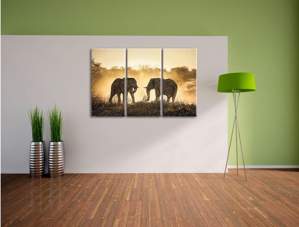 Pixxprint kämpfende Elefanten / 3-Teilig/Gesamtmass 120cm Leinwandbild bespannt auf Holzrahmen/Wandb