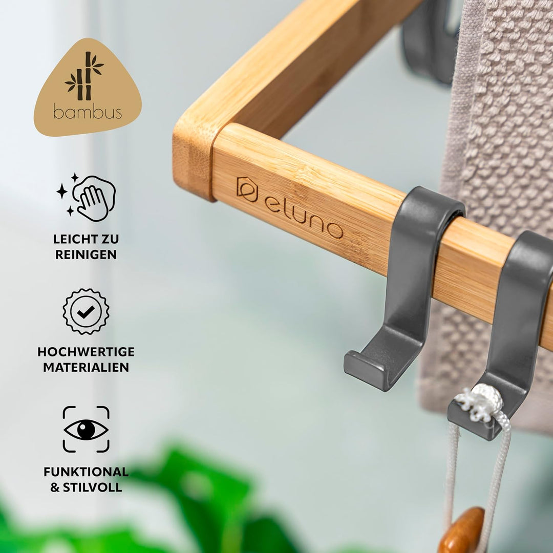 eluno Handtuchhalter für die Glasduschwand aus Metall und Bambus, Handtuchhalter mit 3 Handtuchstang