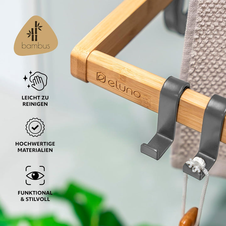 eluno Handtuchhalter für die Glasduschwand aus Metall und Bambus, Handtuchhalter mit 3 Handtuchstang