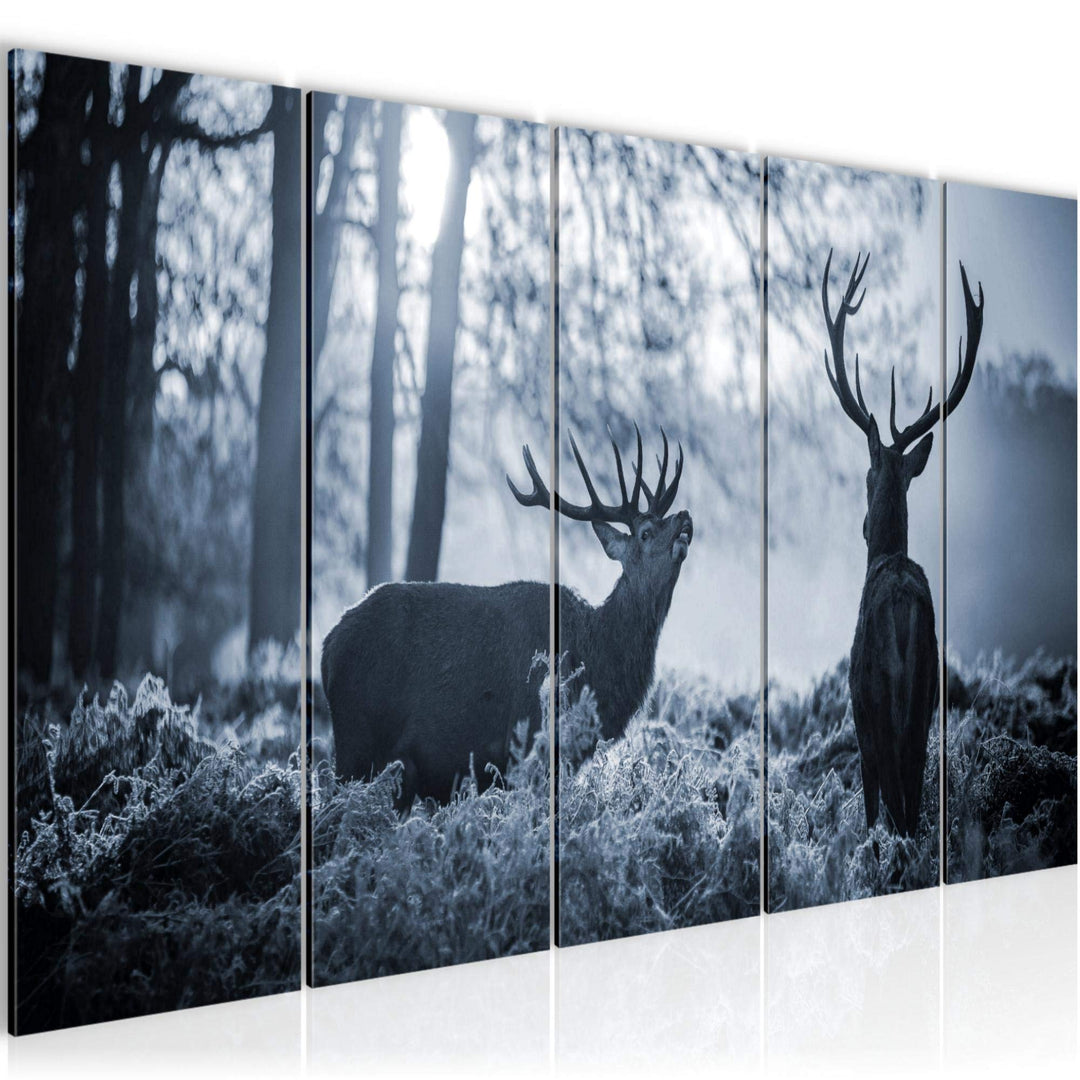 Runa Art Wandbild XXL Winter Hirsch Wohnzimmer Schlafzimmer 200 x 80 cm Grau Blau 5 Teilig - Made in