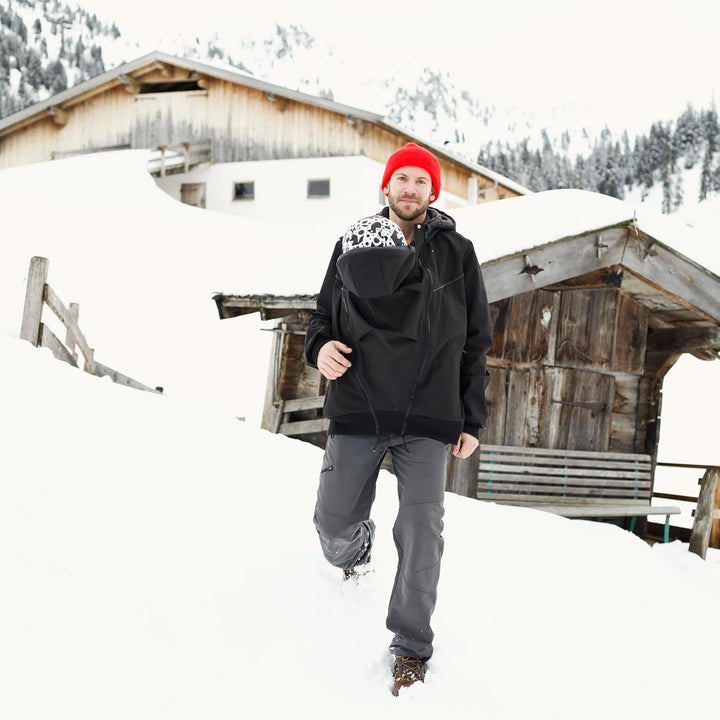 Viva la Mama - Männerjacke zum Babytragen aus Softshell - Explorer M Schwarz - mit Rückentragemöglic