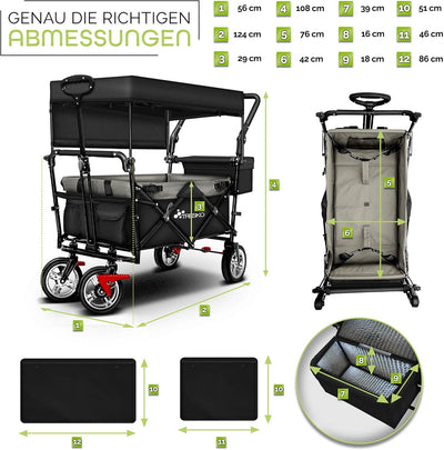 TRESKO® Bollerwagen faltbar mit Dach | Handwagen mit 2x3-Punkt Gurtsystem | Gartenwagen klappbar bis