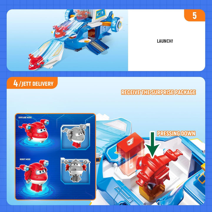 Super Wings Spielset Airport World Aircraft + 2 Spielflugzeug- und Transform-a-Bots-Figuren aus Staf