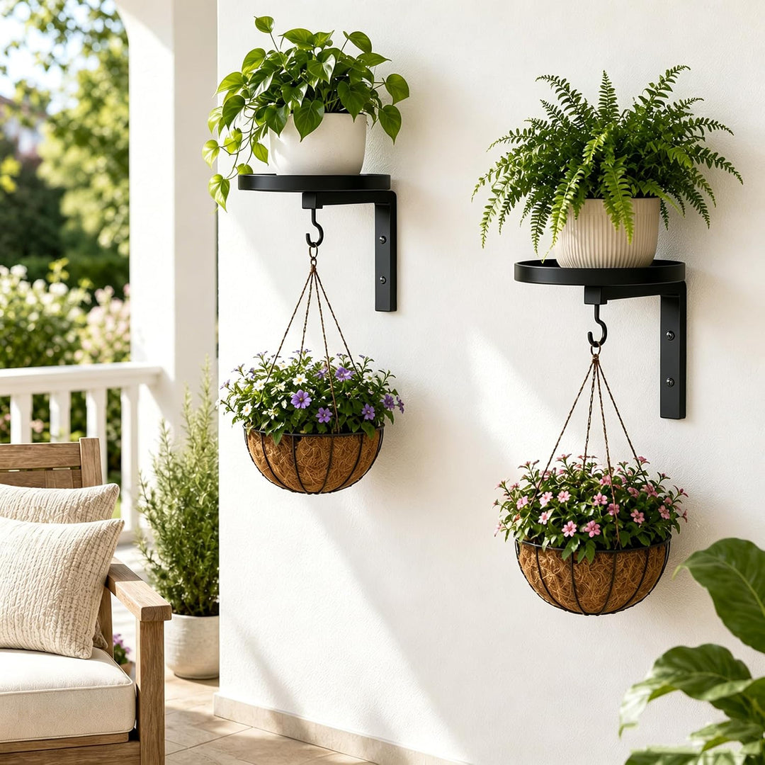 2 Stück Pflanzenständer Wand, Pflanzenhalter Metall mit rundem Tablett und Haken, Blumenständer Wand
