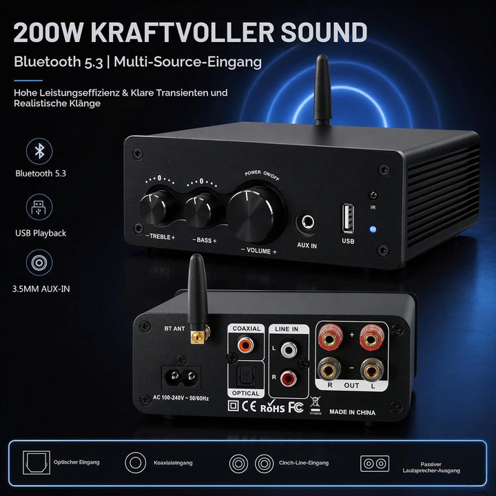 LONPOO Mini Bluetooth Hifi-Verstärker 200W mit Fernbedienung, Optical, COAX, USB, AUX-Eingang, 2 Kan