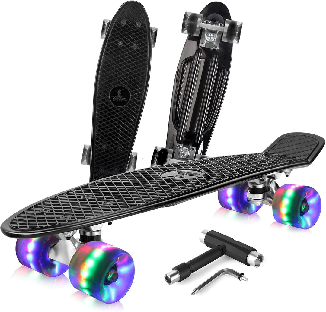 BELEEV Skateboard Komplette 22 Zoll Mini Cruiser Skateboard für Kinder Jugendliche Erwachsene, LED L