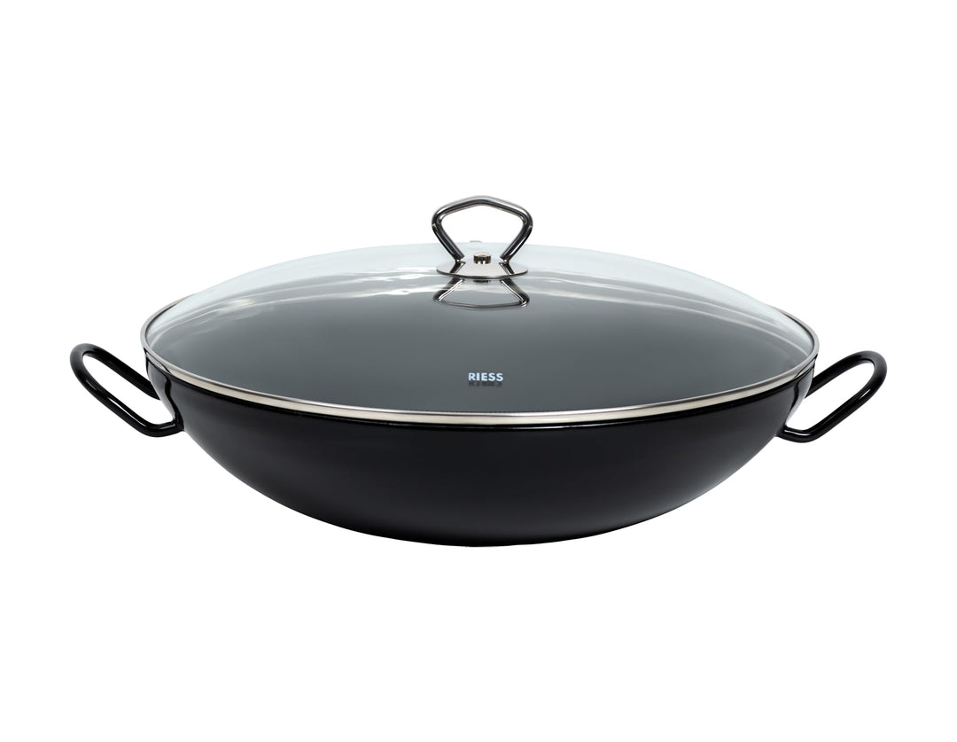 Riess, 0385-022, Wok mit Glasdeckel 36, CLASSIC - SCHWARZEMAILLE, Durchmesser 36cm, Masse 44,5 x 36