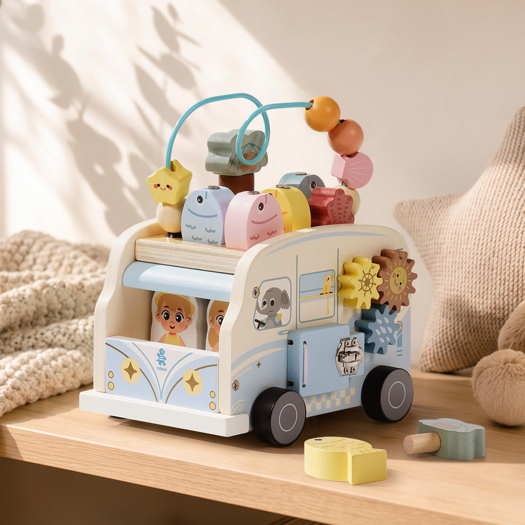 ROBUD Motorikwürfel Aktivitätsbus Holz, 8-in-1 Aktivitätswürfel Montessori-Spielzeug mit Perlenlabyr