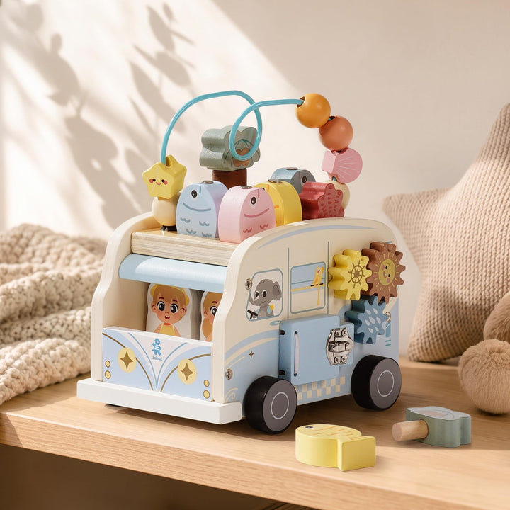 ROBUD Motorikwürfel Aktivitätsbus Holz, 8-in-1 Aktivitätswürfel Montessori-Spielzeug mit Perlenlabyr