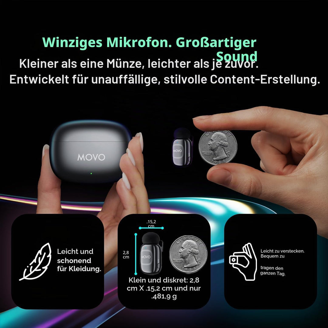 Movo NanoMic Dual USB-C Wireless Mikrofon für iPhone 15/16+, Android, iPad Pro & Laptops - ideal für