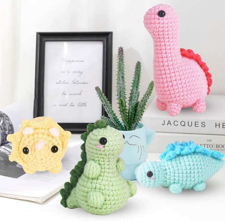 Dremisland Häkel Starterset für Anfänger Häkelset 4 Stück Dinosaurier Strickset für Erwachsene Stric