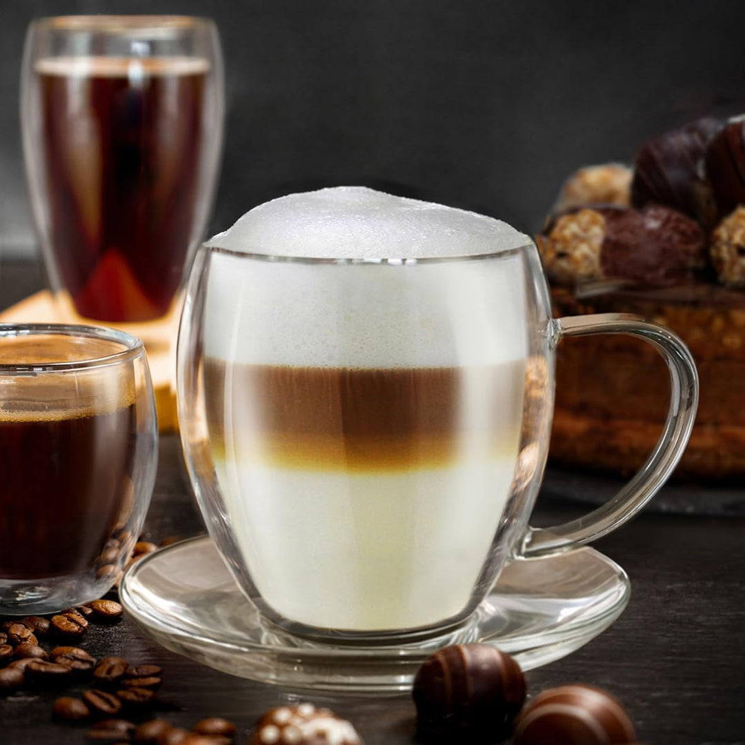 Creano 6 doppelwandige 250 ml Glas-Thermotassen mit Untersetzer, Glas-Teetasse/Kaffeetasse mit Schwe