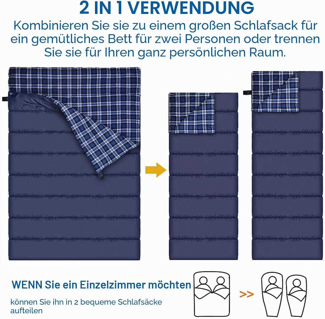 Baumwollflanell-Doppelschlafsack für Camping, Wandern oder Wandern. Queen Size 2 Person wasserdichte