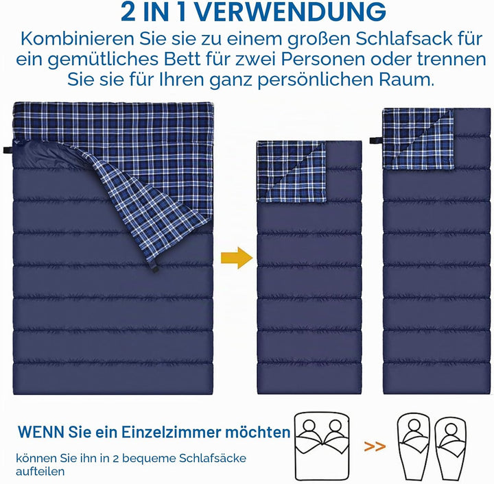 Baumwollflanell-Doppelschlafsack für Camping, Wandern oder Wandern. Queen Size 2 Person wasserdichte