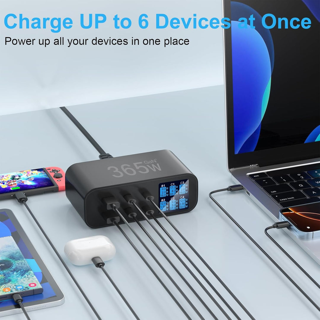 365W USB C Ladegerät Mehrfach mit LED Anzeige, YSYFAD 6-Port GAN USB Ladestation PD USBC Netzteil QC
