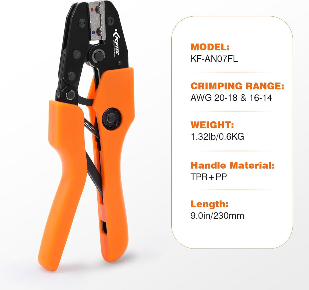 KF CPTEC Crimpzange für isolierte Kabelschuhe Flachstecker 90° gewinkelt 20–18 und 16–14 AWG, Kabels
