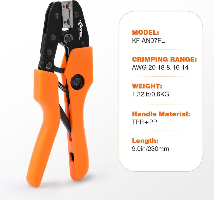 KF CPTEC Crimpzange für isolierte Kabelschuhe Flachstecker 90° gewinkelt 20–18 und 16–14 AWG, Kabels