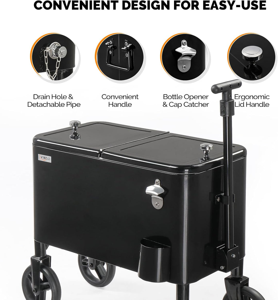 Bonnlo 57L Servierwagen mit Rollen, Getränkekühler – Mobiler Outdoor-Kühlwagen mit langem Griff, Abl