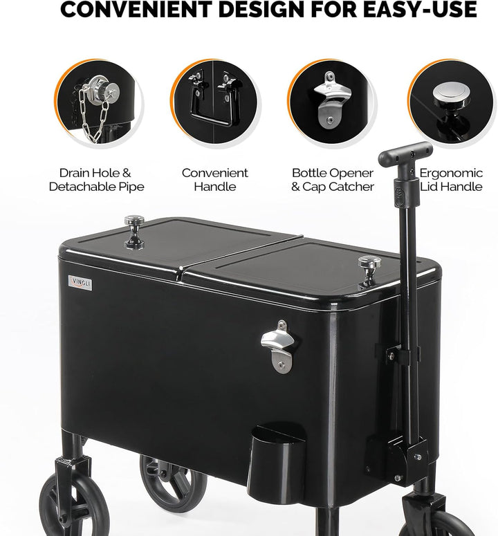 Bonnlo 57L Servierwagen mit Rollen, Getränkekühler – Mobiler Outdoor-Kühlwagen mit langem Griff, Abl