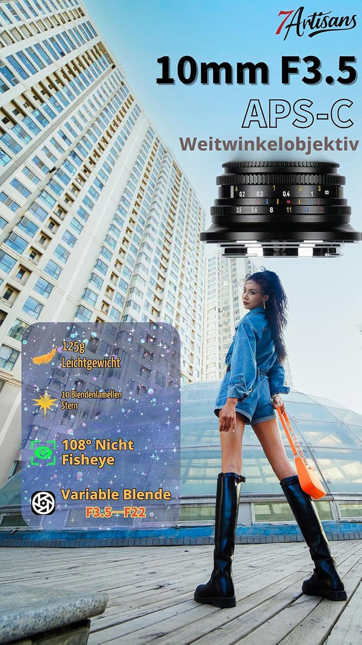 7Artisans 10mm F3.5 Pancake Ultraweitwinkel for Sony E-Mount Objektiv, APS-C manueller Fokus, 108°,1
