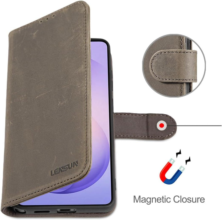 LENSUN Lederhülle für Samsung Galaxy S26 Ultra, Handyhülle [Echtes Leder][RFID Schutz][Kartenfach] E
