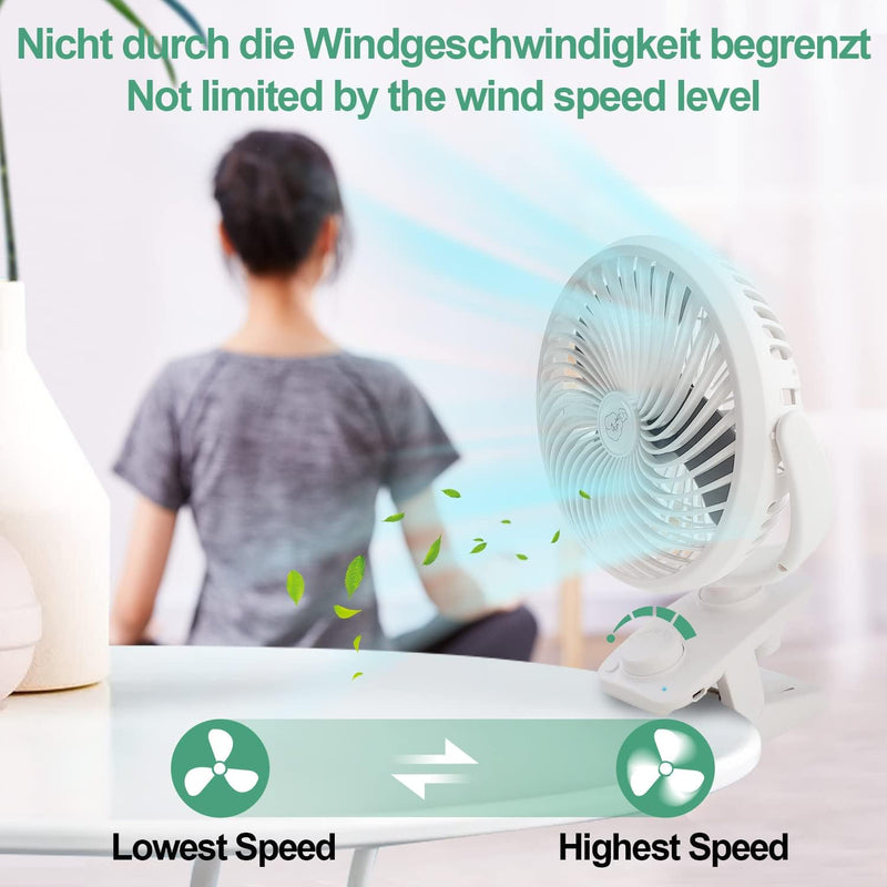 Oszillation Tischventilator 10000mAh Mini USB Ventilator Stufenloser Geschwindigkeit, Leise Clip Fan