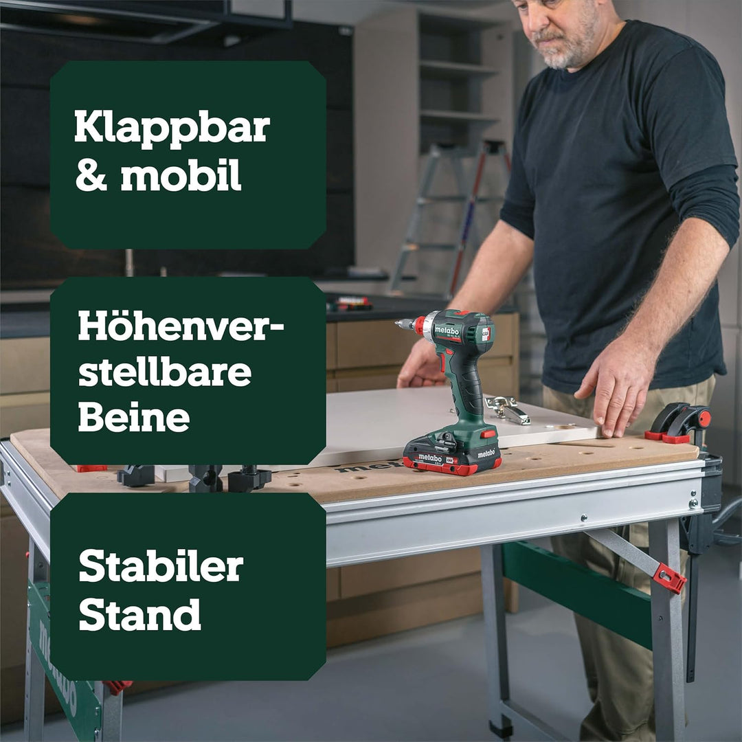 Metabo Multifunktionstisch MWB 100, mobile Werkbank, Arbeitstisch, Werkbank mit höhenverstellbaren S