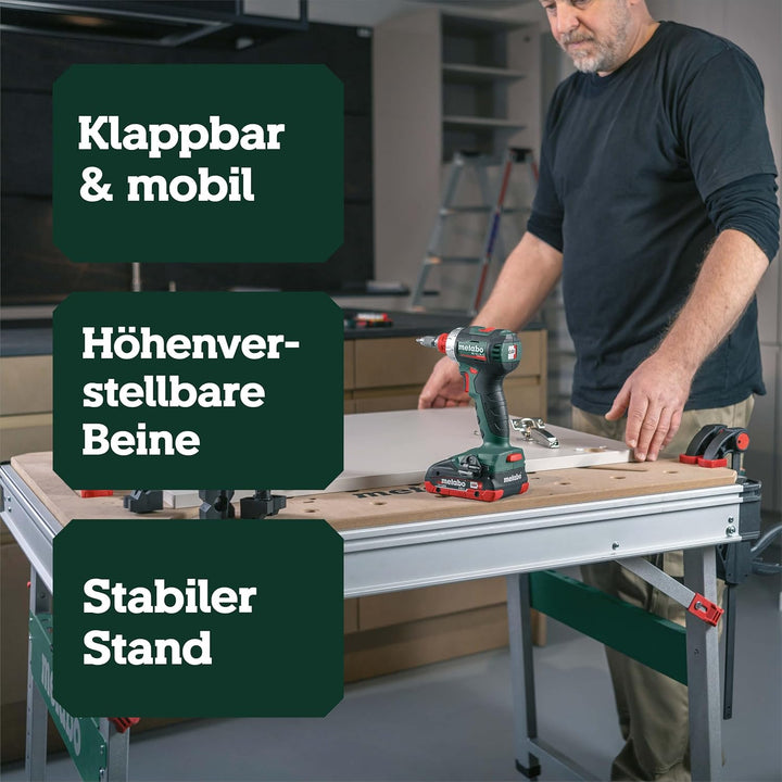 Metabo Multifunktionstisch MWB 100, mobile Werkbank, Arbeitstisch, Werkbank mit höhenverstellbaren S